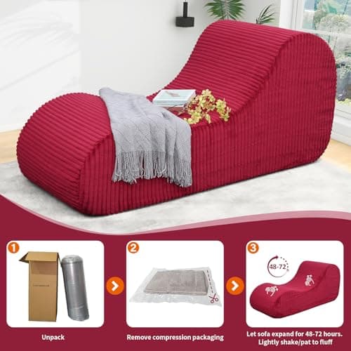 Rattaner Corduroy Chaise Lounge Chair Couch Indoor Boneless Oversized High-Density Sponge Soft Sofa, Red