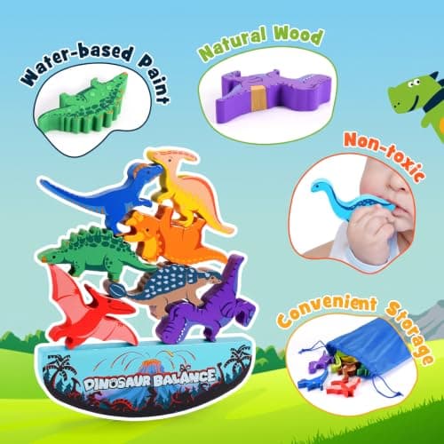 IPOURUP Dinosaur Toys for Kids 3-5: Wooden Stacking Montessori Toys for 3 4 5 6 7 8 Year Old Boys Girls Birthday Gifts for Kid Ages 4-8 Balance Competition Game for Family Stocking Stuffers