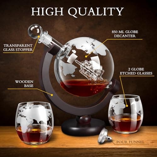 Whiskey Decanter Sets for Men, Whiskey Decanter Globe Set with 2 Etched Globe Whisky Glasses for Liquor, Bourbon, Cocktails, Vodka, Scotch liquor decanter Sets - 850ml