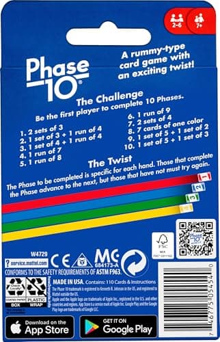 Mattel Games Phase 10 Card Game with 108 Cards, Great Game for Kids, Family or Adult Game Night, Ages 7 Years and Older
