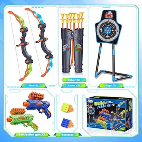 SpringFlower 2 Bow and Arrow Sets with LED Light-up,2 Foam Dart Guns for Kids 5 6 7 8 9 10+ Years Old, Archery Set with Standing Target for Boys & Girl, Ideal Gift