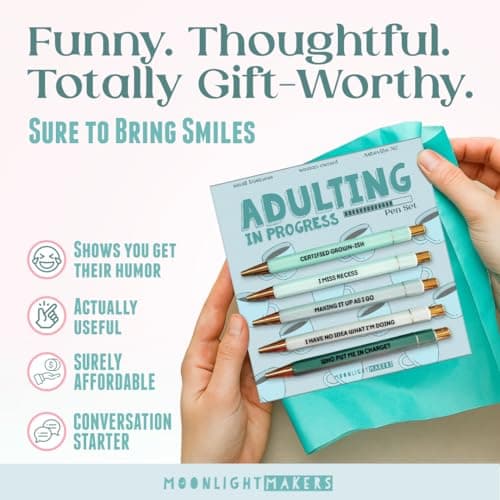 Engraved Funny Pens for Adults, Appreciation Gifts, Ideal Desk Decor for Work and Office Desk, Cute Packaging, Handy Clips Moonlight Makers Ballpoint Pens Black Ink, Set of 5, Adulting in Progress B0FLSB39H6