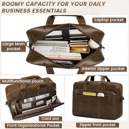 RAINSMORE Mens Laptop Bag 16 Inch Leather Briefcase Vintage Messenger Bag for Men Large Crossbody Shoulder Office Computer Bag Retro College Satchel Bag for Work, Business,Travel, Brown