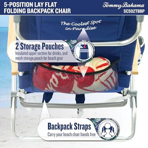 Tommy Bahama 5-Position Classic Lay Flat Folding Backpack Beach Chair, Aluminum, Red, White, and Blue Stripe