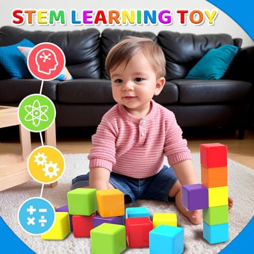 Sensory & Montessori Toys for Boys & Girls 1 2 3 Years Old, Toddler Travel Toys, Magnet Toys for Kids Birthday Gifts (12 PCS) Magnetic Building Blocks Large, 1.65 inch Stacking Cubes for Toddlers B0CHJTD1FS