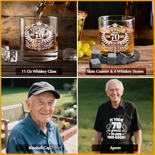 70th Birthday Gifts for Men Whiskey Glass Set, 70th Birthday Party Supplies with 11 Oz Whiskey Glass Coaster Stone Baseball Cap Apron Sock Funny Toilet Paper Keychain for Him, Dad, Husband, Friends