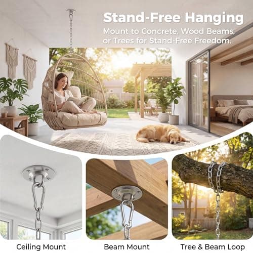 Nicesoul Outdoor Hanging Egg Chair Without Stand, Patio Wicker Swing Egg Basket Chairs with Padded Cushion, 350 Lbs Comfy Cozy Ceiling Tree Swinging Egg-Shaped Chair No Stand for Indoor Balcony, Beige