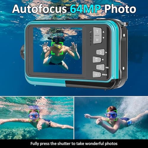 4K Underwater Camera 16FT Waterproof Camera with 32GB Card 64MP Autofocus Dual-Screen Selfie Underwater Camera for Snorkeling Waterproof Compact Floatable Digital Camera 1250mAh Battery Type-C (Blue)