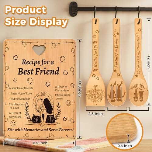 Recipe for a Best Friend Gift Set, Bamboo Cutting Board with Engraved Utensils, Unique Kitchen Gifts for Women, Bestie Gifts for Birthday, Christmas, Housewarming, Graduation, Long Distance Friendship