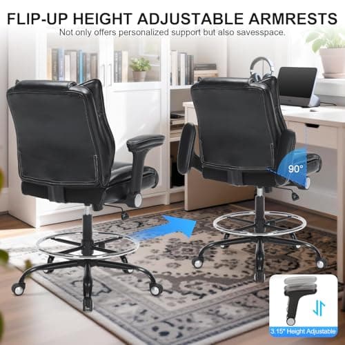 Office Drafting Chair, Tall Desk Chair with Adjustable Armrests and Footrest Ring PU Leather Standing Desk Chair with Extra Thicken Seat Cushion, Comfy High Office Chair for Counter Height Desk, Black