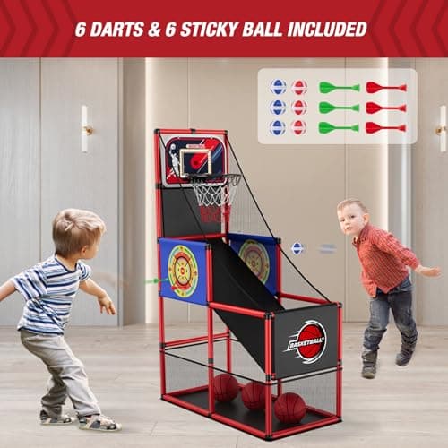 HYES Basketball Arcade Game Indoor Outdoor, Kids Basketball Hoop with 4 Balls & Pump, Single Shot Basketball Game at Home, Carnival Games Sport Toys for Boys Girls Teens