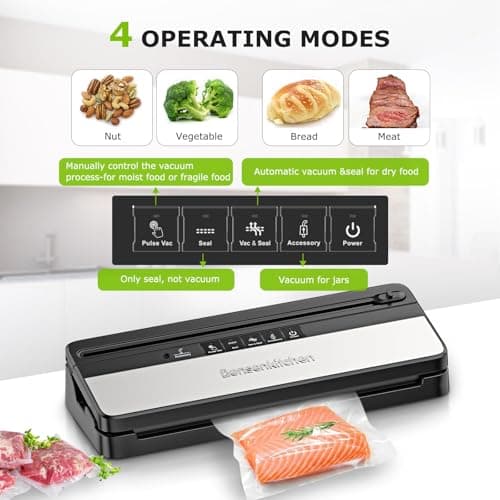 Bonsenkitchen Vacuum Sealer, Multi-Functional Food Sealer with 1 Roll Bag+ 5 Bags, Bag Storage | Built-in Cutter, Silver-Stainless steel