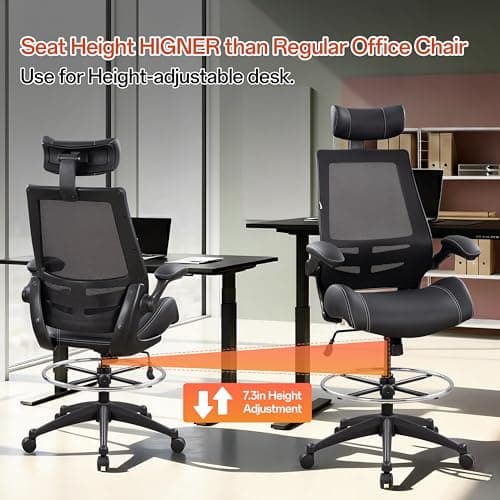 BOLISS Ergonomic Drafting Chair with 4-Level Adjustable Headrest Tall Standing Desk Stool with Soft Microfiber Leather Seat, Breathable Mesh Back, 90° Flip-Up Arms, and Adjustable Foot Ring