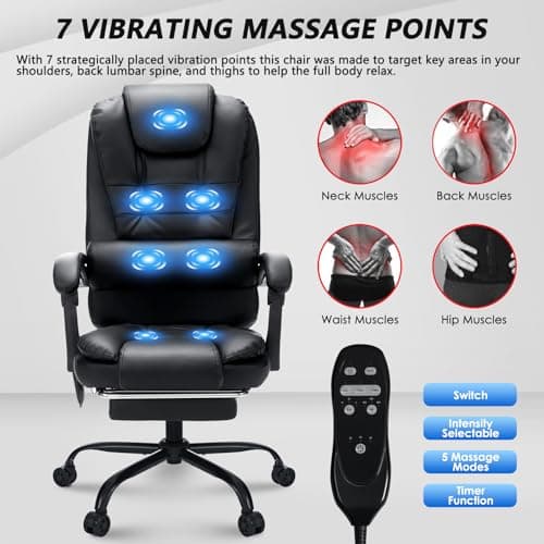 HOFFREE Massage Office Chair with Foot Rest 7 Points Vibration Ergonomic Executive Desk Chair Leather Computer Office Chair Black