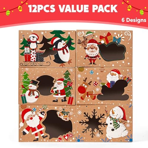 JOYIN 12PCS Christmas Cookie Boxes for Gift Giving, 8.75" x 5.75" x 2.75" Xmas Holiday Bakery Treat Boxes with Window, Kraft Cookie Tin Container Box for Baked Goods, Cupcake, Pastry, Candy, Doughnut