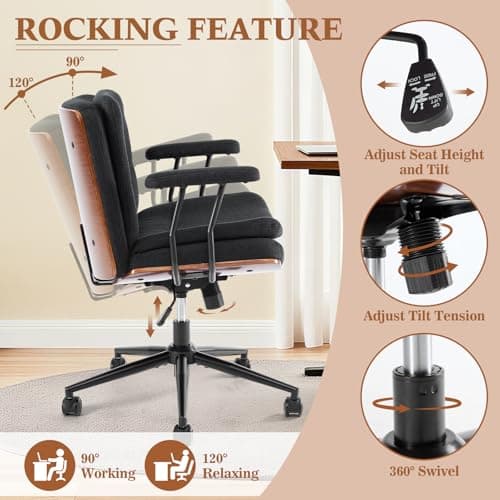 Home Office Desk Chair with Armrests & Wheels, Modern Walnut Swivel Rolling Executive Task Chair, Height Adjustable Ergonomic Computer Chair, Black Fabric