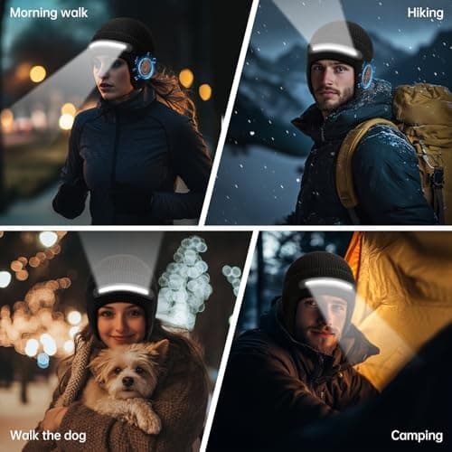 Bluetooth Beanie with Light, Headlamp Hat with Headphones and Built-in Speaker Mic, Unique Christmas Gifts for Men Husband