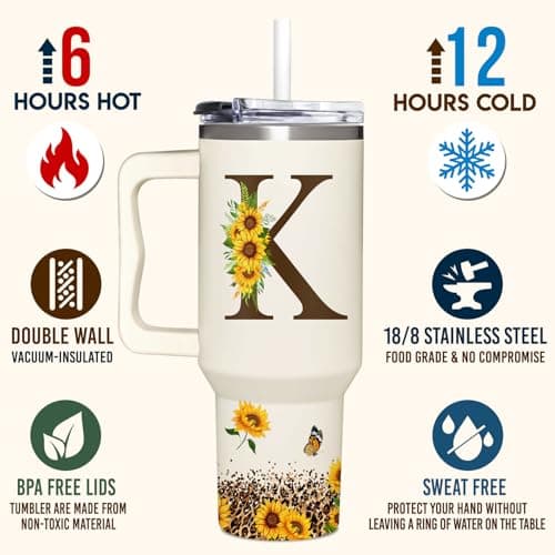 Personalized Birthday Gifts For Women - Sunflower Gifts For Women, Mom - Christmas Gifts For Womens, Mother's Day Gift For Mom, Boss - Monogrammed, Initial Tumbler Handle 40oz W Lids & Straws, K
