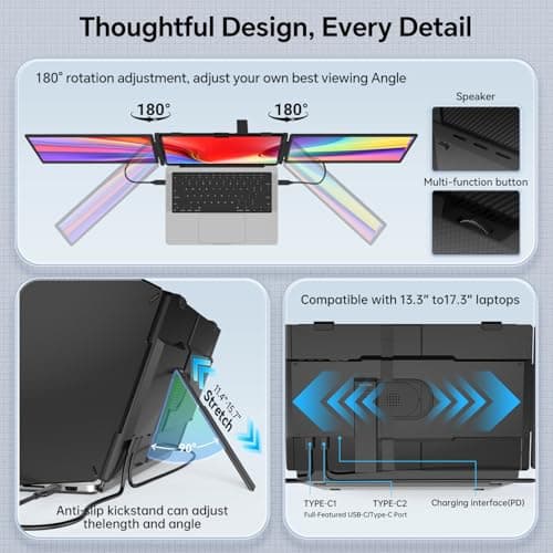 APILDELLA 14'' Triple Laptop Screen Extender, 1080P FHD Laptop Extended, Ultra-Thin Portable Monitor for Laptop, Plug-Play Dual Monitor for 13-17.3'' Laptops, Work with Mac, Windows, Chrome