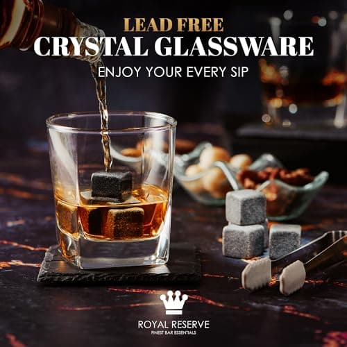 Whiskey Stones Gift Set by Royal Reserve, Artisan Crafted Scotch Bourbon Glasses, Chilling Rocks, Coasters and Tongs – Whiskey Gifts for Men Dad Boyfriend Anniversary or Retirement