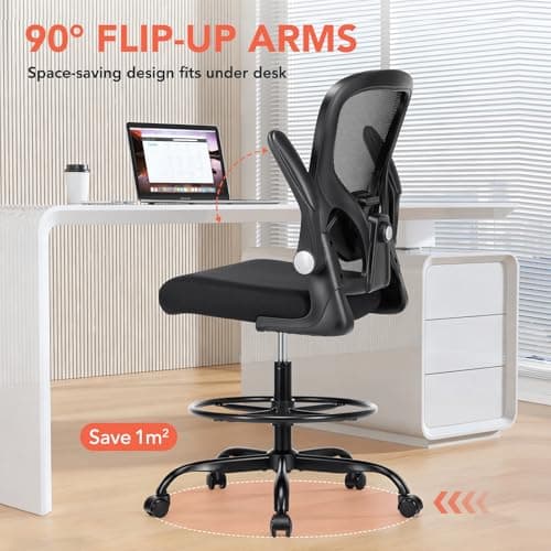 Drafting Chair, Tall Office Chair for Standing Desk, Mesh High Desk Chair with Flip-Up Armrests, Ergonomic Office Chair with Lumbar Support, Adjustable Footrest Ring Studio Chair, Black