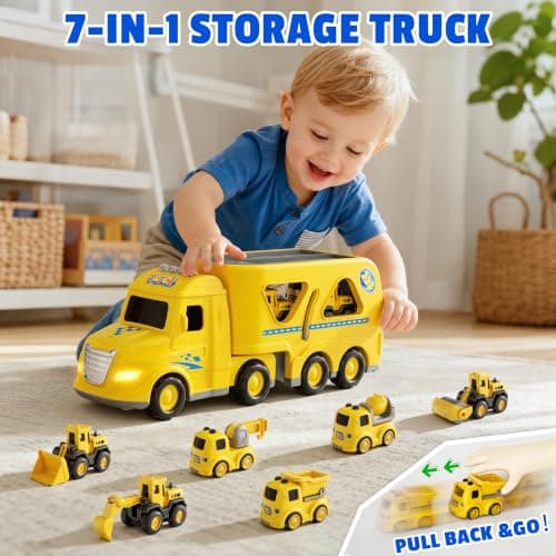 Transport Carrier Vehicle Toddler Toy with Light & Music, Excavator Dump Truck Bus Kids Gift for Boys and Girls (Yellow) Funwee 7-in-1 Construction Truck Toy w/ 6 Pull Back Cars & Track, Ages 1-5+ B0H9RSRFL7