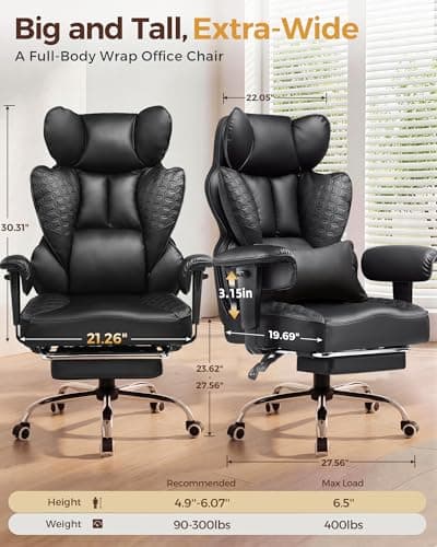 COMHOMA Big and Tall Office Chair Heavy Duty Gaming Chair with Deluxe Embossing Leather High Back Wider Ergonomic Computer Chair with Foot Rest 150°Reclining Pocket Spring Lumbar Support