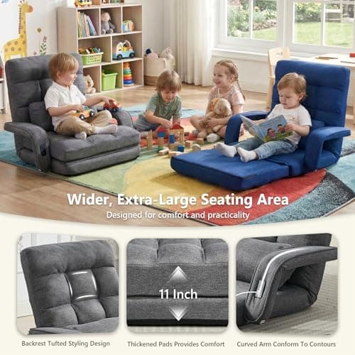 STHOUYN Comfy Floor Chair Bedroom 2 USB Charging Ports, 5-Position Couch Gaming Lounge Chairs Adults, Indoor Folding Lazy Sofa Meditation Arm Dorm Chair Living Room (Grey)