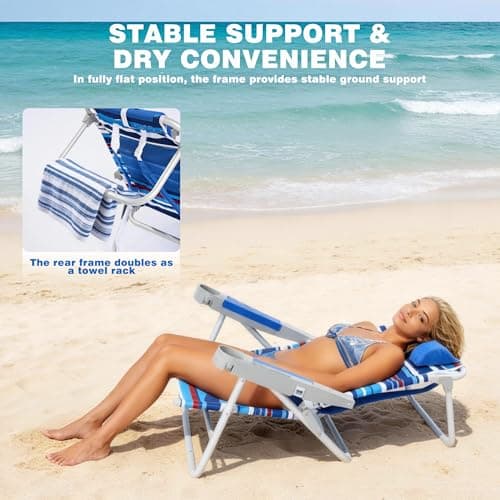 SUNNYFEEL Extra Wide Low Beach Chair 5 Position Lay Flat 500 LBS Heavy Duty, XL Oversized Portable Folding Camping Chairs with Cup Holder for Outdoor/Trip, Lightweight Backpack Beach Chair for Adults