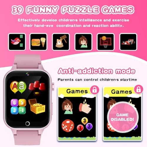 Kids Smart Watch Gift for Girls Age 5-12, 26 Games HD Touch Screen Watches with Video Camera Music Player Pedometer Flashlight 12/24 hr Educational Toys Birthday Gifts for Girls Ages 7 8 9 10