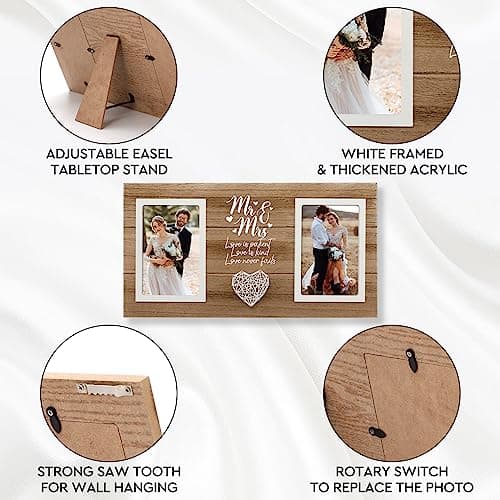 Personalized Wedding Gifts for Couples, Bridal Shower Gift for Bride, Mr & Mrs Photo Frame Holds 2pcs 4x6 Pictures, Unique Wedding Gifts for Newlyweds