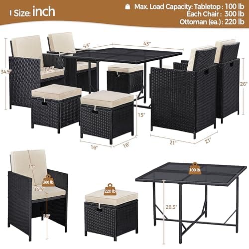 Yaheetech 9-Piece Patio Dining Sets, Outdoor Space Saving Rattan Chairs with Glass Table, Wicker Sectional Conversation Furniture Set with Removeable Cushions, Black/Beige