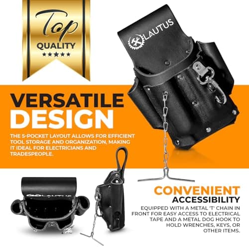 LAUTUS Electrician Full Top Grain Leather Tool Pouch; 5 Pocket Pouch with Electrical Tape Chain; Durable Compartments; Washer Rivets; Includes Metal Tool Clip; Black
