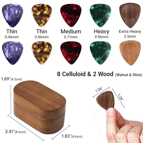 Onmiwod Guitar Pick Holder Set with 2 Color Wood Picks and 8 Celluloid Picks in 3 Thicknesses, Wooden Guitar Pick Case, Mini Jewelry Box, Guitar Music Accessories Gifts for Guitar Lover Player B0FMS2J7FV