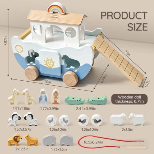 Neutral Color, Montessori Educational Toy, Animal Shape Sorter, Christian Toys for Toddler 1-3, Christmas Birthday Gift Joyreal Wooden Noah's Ark Toy for 1 Year Old Baby Boy and Girl Baptism Gift B0F3XF1SH8
