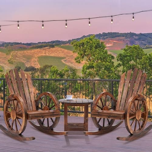AHB Outdoor Wooden Rocking Chairs Set, Wagon Wheel Armrest Yard Glider Patio Chair with Small Table for Coffee Break, Adirondack Rocking Chair for Summer Lawn Garden Balcony, Brown (3 PCS)