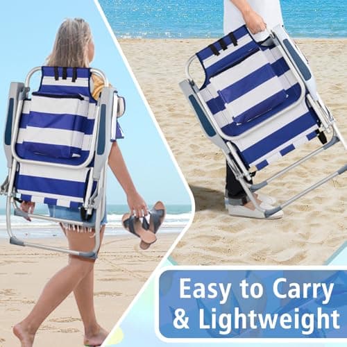 VINGLI Aluminum Backpack Beach Chair for Adults, Portable Lightweight Reclining Beach Chair with Headrest & Side Pocket, Lay Flat Beach Chair with 5 Positions for Outdoor Lawn/Fishing/Pool Lounge