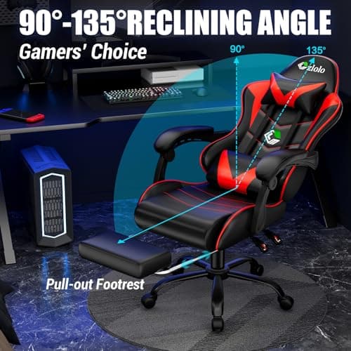 Czlolo Gaming Chair with Footrest Racing Style Lumbar Support Massager Video Game Chair with Metal Legs, High Back Reclining Gamer Chair with Headrest, 360° Swivel Office Computer Desk Chair (Red)