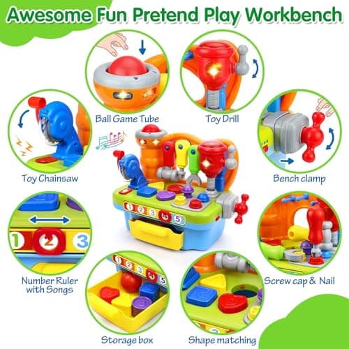 Montessori Toys with Sound Lights Effect, Shape Sorter, Christmas Birthday Gift for Boy Girl,Engineer Pretend Play Workbench Toys for 1 Year Old Boy, Musical Toy Tool Bench, 1 2 3 Years old Boy Gifts B08345YDXJ
