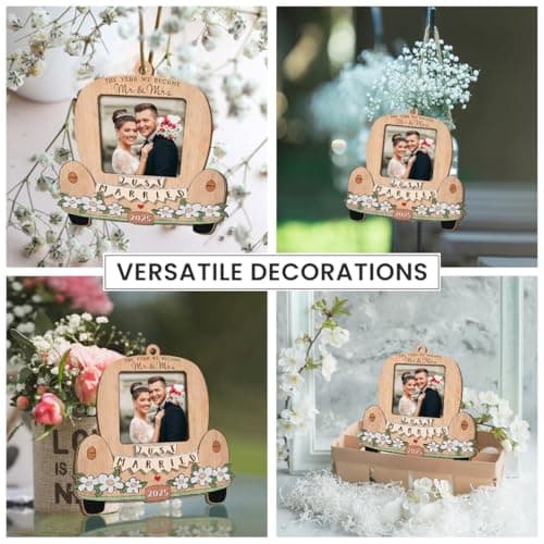 Just Married Personalized Christmas Ornaments - Wedding Gifts for Couples 2025, Bridal Shower Gift for Bride, Custom Wooden Ornaments with Picture, Newly Wed Gifts for The Couple Mr and Mrs Engagement