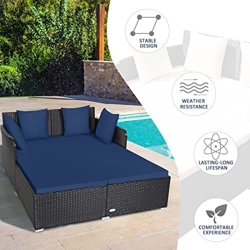 Tangkula Outdoor Rattan Daybed, Sunbed Wicker Furniture w/Spacious Seat, Upholstered Cushion & High-Resilience Sponge, Wicker Patio Sofa Set w/Extra Pillows for Courtyard Poolside (Navy)