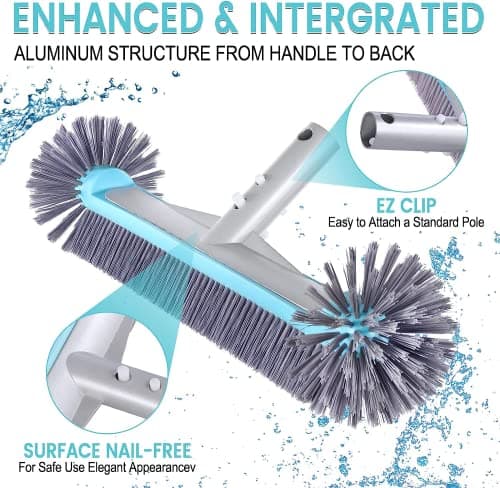 Swimming Pool Brush Head with Round Ends,17.5" Heavy Duty Aluminum Back Head for Cleans Walls, Tiles & Floors, 7 Rows Premium Nylon Bristles with EZ Clips (Blue Grey)