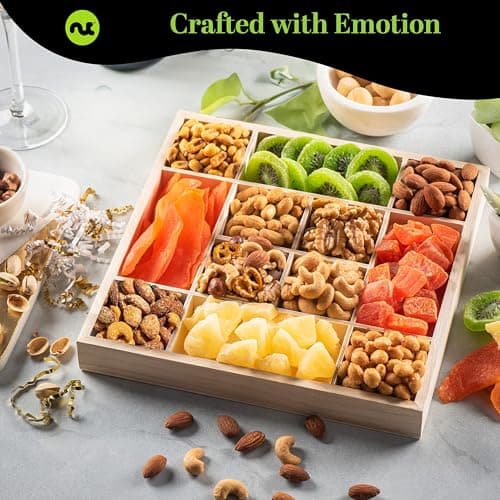 NUT CRAVINGS - Holiday Christmas Dried Fruit & Mixed Nuts Gift Basket in Reusable Wooden Tray + Ribbon (12 Assortments) Xmas Treats for Adults, Food Arrangement, Healthy Snack Care Package, Kosher