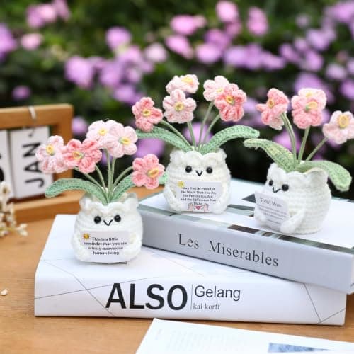 Christmas, Thank You & Encouragement Gifts for Women, Boss, Her, Friend, Sister & Bestie, Stocking Stuffers, 4.7 x 2.4 in Crochet Forget Me Not Flower Pot, Inspirational & Unique Gifts for Women B0GM8H2G47