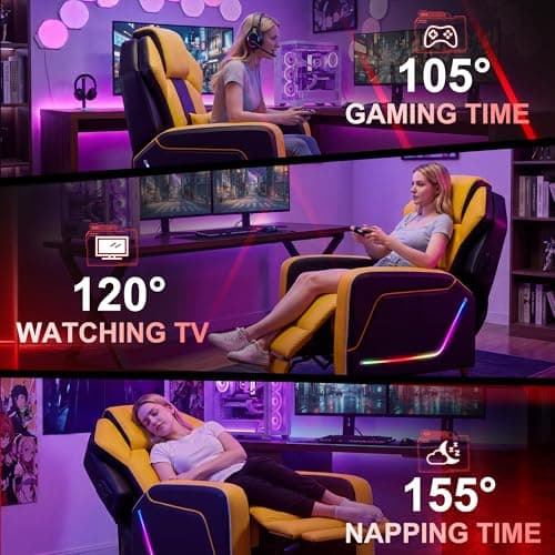 URRED Gaming Recliner Chair with LED Lights, Ergonomic Video Game Reclining Chair with Footrest, Lumbar Pillow, Side Pocket, Home Theater Recliner for Living Room, Bedroom, Gaming Room (Yellow)