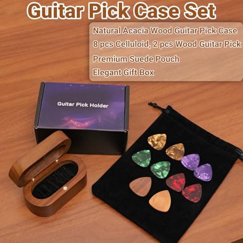 Onmiwod Guitar Pick Holder Set with 2 Color Wood Picks and 8 Celluloid Picks in 3 Thicknesses, Wooden Guitar Pick Case, Mini Jewelry Box, Guitar Music Accessories Gifts for Guitar Lover Player B0FMS2J7FV