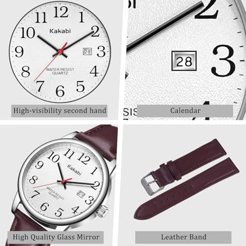 Kakabi Watch for Men, Easy Reader Unisex Analog Quartz Waterproof Wristwatch with Date and Leather Band, Casual Simple Fashion Mens Watches Gift
