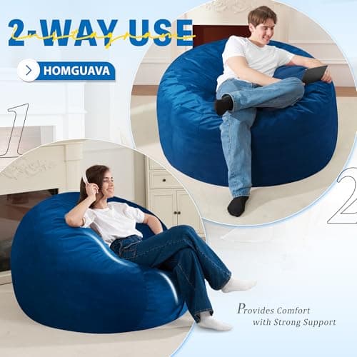 Homguava 3FT Bean Bag Chair: 3' Bean Bags with Memory Foam Filled, Large Beanbag Chairs Soft Sofa with Dutch Velvet Cover-Blue