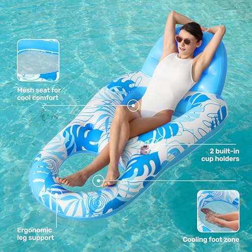 SLOOSH Inflatable Pool Floats Lounger Adult, Pool Float Lounge Raft Floaties Water Floating Recliner Chair with Cup Holders Foot Rest Swimming Floaty