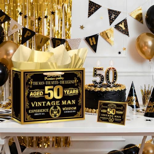 Vintage 50th Birthday Gift Bag for Men with 50th Wrapping Paper and Card Black Gold 1976 Birthday Gift Wrap Treat Bags for Vintage Men Aged 50 Years Old Bday Anniversary Party Supplies Decorations